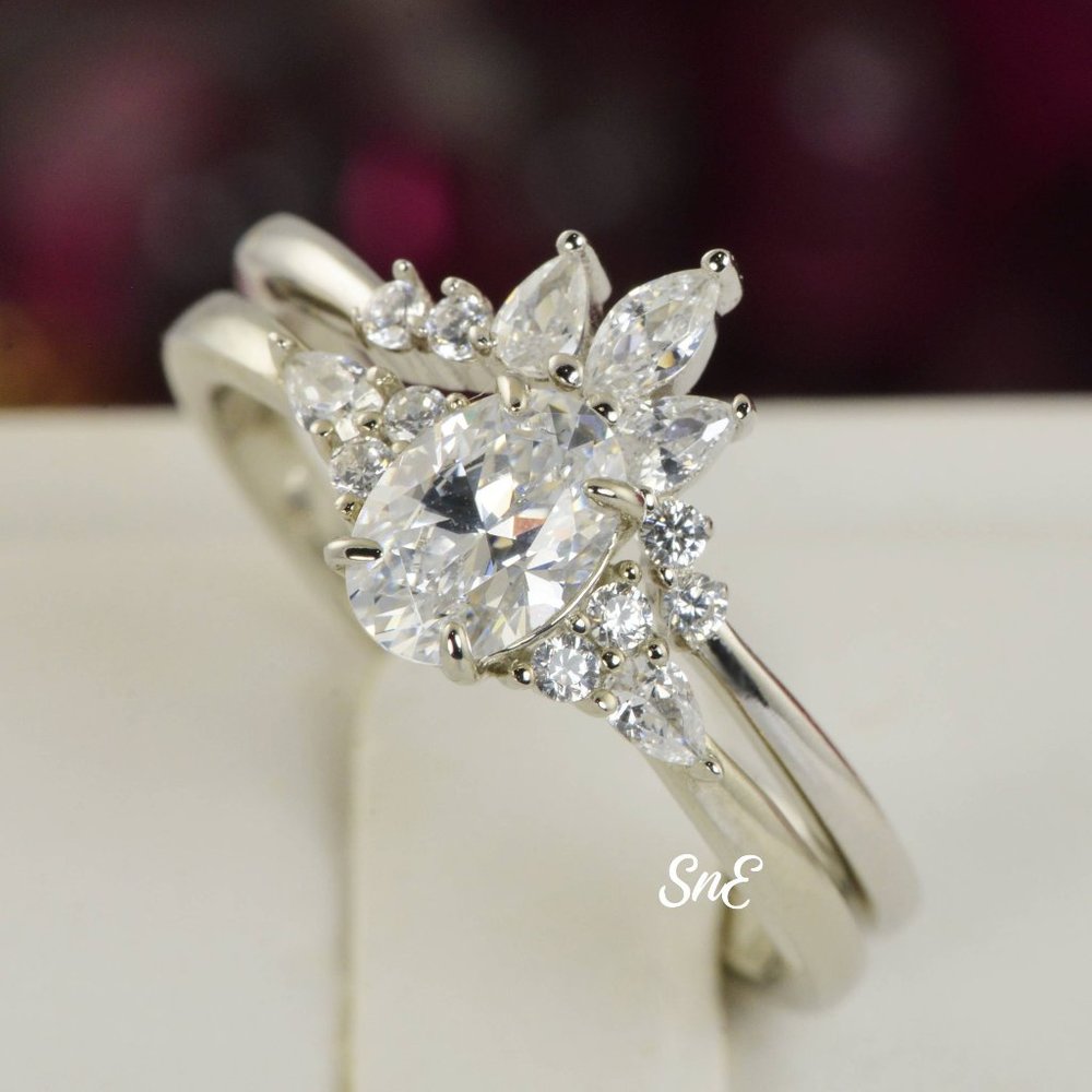 New 925 Oval Diamond Cut Wedding Band Engagement Rings Set